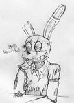  2015 animatronic anthro black_and_white dialogue english_text five_nights_at_freddy&#039;s half-closed_eyes inkyfrog lagomorph looking_at_viewer machine male mammal monochrome rabbit robot simple_background smile solo springtrap_(fnaf) talking_to_viewer text traditional_media_(artwork) video_games white_background 