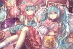  absurdly_long_hair bad_id bad_pixiv_id bed blue_bow blue_eyes blue_hair bow bowtie dress dual_persona eyebrows_visible_through_hair frilled_pillow frills gloves hair_between_eyes hair_ornament hatsune_miku highres hood layered_dress long_hair lots_of_laugh_(vocaloid) multiple_girls pillow pink_bow pink_gloves pink_skirt shirt skirt twintails very_long_hair vocaloid white_legwear white_shirt yumeichigo_alice 