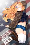  ;d american_flag artist_name blew_andwhite blonde_hair blue_eyes blush bomber_jacket boots breasts cursive denim denim_shorts flag_background girls_und_panzer groin highres jacket jumping kay_(girls_und_panzer) large_breasts long_hair midriff military military_uniform navel one_eye_closed open_mouth saunders_military_uniform shorts signature skindentation smile solo thighhighs thighs uniform white_legwear 