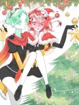  2others androgynous antlers blush capelet carrying christmas christmas_ornaments christmas_tree colored_eyelashes crystal_hair easty elbow_gloves embarrassed eyebrows_visible_through_hair eyes_visible_through_hair fur_trim gem_uniform_(houseki_no_kuni) gloves golden_arms green_eyes green_hair hand_on_another&#039;s_shoulder hat houseki_no_kuni long_bangs looking_at_viewer multiple_others necktie phosphophyllite princess_carry red_eyes red_hair santa_hat scarf shinsha_(houseki_no_kuni) short_hair white_skin 