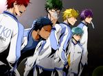  akashi_seijuurou aomine_daiki bandages blonde_hair blue_eyes blue_hair clothes_writing dark_skin dark_skinned_male eating food glasses green_eyes green_hair kise_ryouta kou_(sen328) kuroko_no_basuke kuroko_tetsuya male_focus midorima_shintarou multiple_boys murasakibara_atsushi open_mouth purple_eyes purple_hair red_eyes red_hair shirt sportswear t-shirt yellow_eyes 