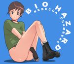  ass boots bottomless brown_eyes brown_hair fingerless_gloves full_body g-room_honten gloves rebecca_chambers resident_evil short_hair simple_background solo 