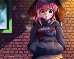  adapted_costume brick_wall clenched_teeth clothes_writing hands_in_pockets hecatia_lapislazuli highres hood hood_up hoodie looking_at_viewer neruzou red_eyes red_hair short_hair solo teeth touhou 