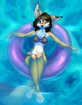  2015 4_toes anthro bikini black_nose blue_eyes brown_hair canine clothing detailed_background digitigrade female fox hair looking_at_viewer mammal midriff one_eye_closed partially_submerged smile solo swimsuit toes water wide_hips wnavel zenirix 