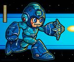  android arm_cannon blue_eyes blush_stickers fake_screenshot firing gameplay_mechanics health_bar helmet male_focus redesign robot robot_joints rockman rockman_(character) rockman_(classic) running science_fiction solo star starry_background video_game watermark weapon winterartwork 