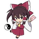  bow brown_hair chibi detached_sleeves hair_bow hair_tubes hakurei_reimu leon_(mikiri_hassha) long_hair necktie open_mouth red_eyes simple_background solo touhou white_background yin_yang_orb 