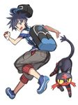  backpack bag baseball_cap black_hair black_hat capri_pants gen_7_pokemon grey_eyes hat holding holding_poke_ball litten looking_at_viewer looking_back male_focus pants poke_ball pokemon pokemon_(creature) pokemon_(game) pokemon_sm shirt simple_background solo spiked_hair striped striped_shirt t-shirt white_background yapo_(croquis_side) you_(pokemon) z-ring 