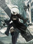  absurdres black_dress black_gloves black_legwear blindfold boots breasts building cleavage dress gloves hairband highres medium_breasts mole mole_under_mouth nier_(series) nier_automata pod_(nier_automata) robot ruun_(abcdeffff) short_hair slit solo sword thigh_boots thighhighs weapon white_hair yorha_no._2_type_b 