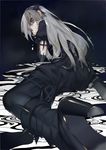  crying foreshortening hairband high_heels long_hair looking_at_viewer looking_back pale_skin puffy_sleeves shrimpman silver_hair sitting slit_pupils solo wariza yellow_eyes 