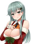  :d alternate_costume aqua_hair arm_warmers bare_shoulders blush breasts bursting_breasts christmas_tree_hair_ornament cleavage detached_collar dress eyebrows_visible_through_hair fur_trim green_eyes hair_ornament hand_on_breast kantai_collection large_breasts long_hair looking_at_viewer mitsukazu_(nijigen_complex) open_mouth red_dress simple_background smile solo suzuya_(kantai_collection) tongue tongue_out white_background 