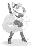  2016 anthro armpits balls boots breast_expansion breasts bulge canine clothing cosplay dickgirl edit eyewear footwear fox fur goggles gun hi_res intersex mammal metroid midriff miles_prower monochrome navel nintendo ranged_weapon samus_aran signature simple_background smile snao solo sonic_(series) video_games weapon white_fur 