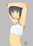  1girl armpits female halter_top midriff muscle navel satsuyo short_hair simple_background smile solo sports_bra upper_body 