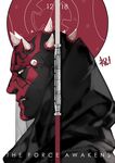  bald copyright_name darth_maul energy_sword facial_mark hood horns kayoubi088 male_focus red_skin solo star_wars star_wars:_the_force_awakens sword teeth weapon white_background yellow_eyes 