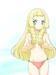  10s 1girl bangs blonde_hair blush closed_mouth covering_breasts cowboy_shot female lillie_(pokemon) long_hair looking_at_viewer navel nintendo panties pokemon_(game) pokemon_sm shiny shiny_skin solo standing suki16543 twin_braids underwear underwear_only white_background yellow_eyes 