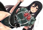 1girl black_eyes black_hair black_skirt bow bowtie breasts chikuma_(kantai_collection) chirashi_(so) collared_shirt competition_swimsuit cowboy_shot dutch_angle elbow_gloves eyebrows_visible_through_hair gloves green_skirt green_swimsuit hair_between_eyes kantai_collection large_breasts long_hair long_skirt one-piece_swimsuit pauldrons pelvic_curtain puffy_short_sleeves puffy_sleeves red_neckwear remodel_(kantai_collection) ribbon shirt short_sleeves side_slit single_elbow_glove single_glove skirt skirt_lift solo swimsuit swimsuit_under_clothes twitter_username 