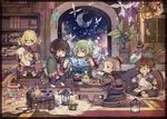  4boys apron blonde_hair book bookshelf border bottle brown_hair carpet crescent_moon cup drink drinking_glass final_fantasy final_fantasy_xi fujiwara_akina glasses gloves green_hair hand_up indoors lantern magic moon multiple_boys night open_mouth pillow plant pointy_ears potted_plant reading sitting star_(sky) starry_moon steam tarutaru two_side_up 