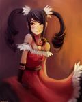  bare_shoulders black_hair breasts brown_eyes commentary_request dress elbow_gloves feathers gloves hair_feathers ili104 jewelry light_smile ling_xiaoyu lips long_dress necklace off-shoulder_dress off_shoulder red_dress single_elbow_glove small_breasts solo tekken twintails 