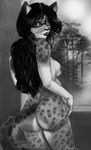  2016 anthro black_nipples breasts butt chanrom eyewear feline female frionella glasses greyscale leopard mammal monochrome nipples nude snow_leopard solo 