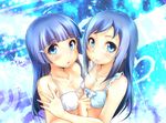  2girls aoki_reika bare_shoulders bikini blue blue_background blue_bikini blue_eyes blue_hair blush breast_press cleavage collarbone docking dokidoki!_precure hishikawa_rikka long_hair looking_at_viewer multiple_girls precure small_breasts smile smile_precure! swimsuit symmetrical white_bikini 