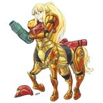  1girl animal_ears armor blonde_hair blue_eyes centaur centorea_shianus cosplay dated drawfag metroid monster_girl monster_musume_no_iru_nichijou nintendo power_suit samus_aran simple_background solo white_background 