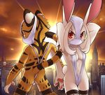  anthro black_fur breasts butt clothing cub detailed_background duo feline female fur lagomorph leggings legwear looking_at_viewer male mammal orange_fur rabbit raier red_eyes underwear underwear_on_head unrealplace white_fur young 