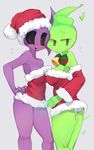  9999gpera bell black_sclera blush breasts butt christmas cleavage clothed clothing costume duo elemental female fire fire_elemental fuku_fire grey_eyes hat holidays monster mouthless musical_note open_mouth purple_body red_eyes santa_costume santa_hat smile undertale upskirt video_games 