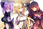  armor blonde_hair blue_eyes breasts fate/apocrypha fate/grand_order fate_(series) gae_bolg gauntlets hair_over_one_eye headpiece holding holding_weapon jeanne_d'arc_(fate) jeanne_d'arc_(fate)_(all) large_breasts long_hair looking_at_viewer mash_kyrielight multiple_girls purple_hair red_eyes scathach_(fate)_(all) scathach_(fate/grand_order) smile weapon weed_(astarone) 