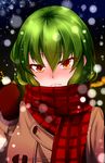  absurdres alternate_costume blush brown_coat brown_gloves buttons coat commentary_request eyebrows_visible_through_hair frown full-face_blush gloves green_hair hair_between_eyes highres itocoh kazami_yuuka light_particles looking_at_viewer orange_eyes plaid plaid_scarf pout red_scarf scarf short_hair solo touhou upper_body winter_clothes 