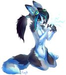  2015 5_fingers anthro black_hair black_nose breasts canine featureless_crotch female fox fur green_eyes hair kneeling mammal navel nude silver_fox simple_background smile solo white_background white_fur wide_hips zenirix 
