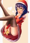  1girl :o ass bangs black_legwear blue_hair blush detached_sleeves dkoro dress female hair_ornament hairclip hat heart holding panties red_dress red_panties santa_hat shiny shiny_hair shokugeki_no_souma simple_background solo star tadokoro_megumi thighhighs underwear yellow_eyes 