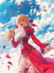  ahoge blue_sky blurry braid breasts cloud cloudy_sky commentary_request day depth_of_field dress epaulettes fate/extra fate_(series) flower french_braid hair_ribbon harupy highres holding holding_flower juliet_sleeves large_breasts leotard long_dress long_sleeves nero_claudius_(fate) nero_claudius_(fate)_(all) outdoors petals puffy_sleeves red_dress red_flower red_ribbon red_rose ribbon rose see-through sidelocks sky solo white_leotard 