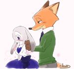 2016 anthro blush canine clothing disney dress duo female fox fur green_eyes jewelry judy_hopps lagomorph long_ears male mammal necklace nick_wilde purple_eyes rabbit rikuo_(artist) simple_background size_difference smile sweater white_background zootopia 