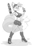  2016 anthro armpits boots breast_expansion breasts bulge canine clothing cosplay dickgirl eyewear footwear fox fur goggles gun hi_res intersex mammal metroid midriff miles_prower monochrome navel nintendo ranged_weapon samus_aran signature simple_background snao solo sonic_(series) video_games weapon white_fur 