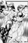  2girls biceps breasts dumbbell extreme_muscles female fingerless_gloves flexing gloves large_breasts long_hair monochrome multiple_girls muscle ponytail ren_(tainca2000) smile thick_thighs 