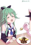  1girl admiral_(kantai_collection) black_bow blue_neckwear blush bow closed_eyes detached_sleeves feeding food green_hair hair_between_eyes hair_bow hair_ornament hairclip hat holding holding_spoon kantai_collection long_hair misumi_(niku-kyu) neckerchief omurice open_mouth plate ponytail round_teeth spoon table teeth white_background yamakaze_(kantai_collection) 