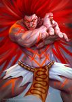  abs belt big_hair evil_grin evil_smile grin loincloth long_hair male_focus muscle navel necalli neon_trim red_hair shirtless smile solo street_fighter street_fighter_v tattoo watermark web_address yellow_eyes ynorka_chiu 