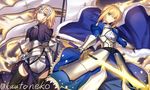  armor artoria_pendragon_(all) back-to-back bangs black_legwear blonde_hair blue_dress blue_eyes breastplate commentary_request dress excalibur fate/apocrypha fate/grand_order fate/stay_night fate_(series) faulds flag fur_trim gauntlets glowing glowing_sword glowing_weapon green_eyes headpiece holding holding_flag holding_sword holding_weapon jeanne_d'arc_(fate) jeanne_d'arc_(fate)_(all) juliet_sleeves kauto long_dress long_hair long_sleeves looking_at_viewer multiple_girls puffy_sleeves saber sheath sheathed standing sword thighhighs twitter_username weapon 