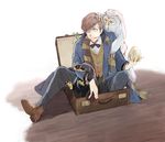  blue_eyes boots bow bowtie bowtruckle brown_hair coat coin demiguise egg fantastic_beasts_and_where_to_find_them freckles highres ioa2324 leaf male_focus newt_scamander niffler orange_eyes scarf wand 