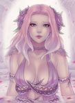  armlet blue_eyes breasts cleavage dress final_fantasy final_fantasy_xiv flower hair_flower hair_ornament hyur long_hair looking_at_viewer medium_breasts mole mole_under_eye parted_lips partially_submerged pink_hair solo soranamae 