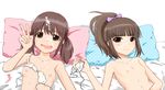  2girls :d artist_request bed blush bra bra_removed breasts brown_eyes brown_hair condom cum cum_on_body cum_on_hair cum_on_upper_body facial female hair_ornament hair_ribbon hisami_nanami katayama_minami looking_at_viewer lying multiple_girls nipples nude on_back open_mouth pillow ponytail ribbon small_breasts smile tears trembling twintails upper_body used_condom v wake_up_girls! 