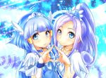  2girls aoki_reika blue blue_background blue_bow blue_eyes blue_hair brooch cure_beauty cure_diamond curly_hair dokidoki!_precure hair_tubes hishikawa_rikka jewelry long_hair looking_at_viewer magical_girl matching_hair/eyes multiple_girls ponytail precure smile smile_precure! wristband 