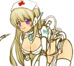  artist_request blonde_hair breasts commentary_request cyborg damaged hat lowres mecha_musume nurse nurse_cap original parts_exposed purple_eyes robot_ears solo thighs 