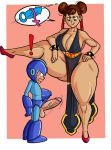  1boy 1girl black_eyes breasts brown_hair capcom chun-li cleavage curvy erect_nipples erection large_breasts large_penis penis rockman rockman_(character) street_fighter testicles thick_thighs thighs veins veiny_penis 