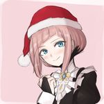  1girl blue_eyes cryopon european_clothes felicia_(fire_emblem_if) fire_emblem fire_emblem_if gloves hat highres maid pink_background pink_hair santa_hat simple_background solo solo_focus 