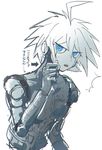  1boy android armor_removed blue_eyes danganronpa hand_on_own_chin harunotano keebo looking_at_viewer male_focus new_danganronpa_v3 open_mouth protected_link silver_hair simple_background solo upper_body white_background white_skin 