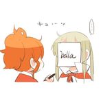  2girls aquila_(kantai_collection) blonde_hair chibi covered_face graf_zeppelin_(kantai_collection) high_ponytail italian kantai_collection lowres marker multiple_girls no_hat no_headwear orange_hair paper paper_on_head rebecca_(keinelove) sidelocks spoken_ellipsis translated twintails 