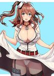  anchor ass_visible_through_thighs belt belt_buckle blouse blue_background border bra breast_pocket breasts brown_hair buckle collarbone dress dress_lift eyebrows_visible_through_hair garter_straps hair_between_eyes kantai_collection kekocha large_breasts looking_at_viewer neckerchief open_blouse open_clothes outside_border panties pocket red_belt red_legwear red_neckwear saratoga_(kantai_collection) short_sleeves side_ponytail simple_background smokestack solo thigh_strap thighhighs thong underwear white_border white_bra white_panties 