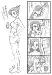 1girl 4koma asymmetrical_bangs bangs barefoot bbb_(friskuser) bottle breasts clenched_teeth closed_eyes coat comic commentary_request dripping full_body girls_und_panzer greyscale hair_bun hair_ornament hairpin hands_together heart hidden_eyes highres hug long_hair looking_at_viewer looking_away love_hotel medium_breasts milk_bottle monochrome naked_towel navel nishi_kinuyo nude open_mouth scarf sign smile standing surprised teeth towel translation_request water wet white_background window 