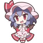  60mai :d arm_garter bangs bat_wings blue_hair blush bow buttons chibi eyebrows_visible_through_hair fang full_body hands_on_own_chest hat hat_bow looking_at_viewer mob_cap open_mouth pink_footwear pink_hat pink_shirt pink_skirt puffy_short_sleeves puffy_sleeves red_bow red_eyes remilia_scarlet ribbon-trimmed_skirt ribbon_trim shirt shoe_bow shoes short_sleeves simple_background skirt skirt_set smile solo standing touhou white_background wings 