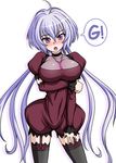  ahoge blush breasts cleavage detached_sleeves jewelry large_breasts long_hair open_mouth pendant purple_eyes purple_hair senki_zesshou_symphogear short_sleeves silver_hair solo symphogear_pendant thighhighs twintails very_long_hair yukine_chris zetsumu 